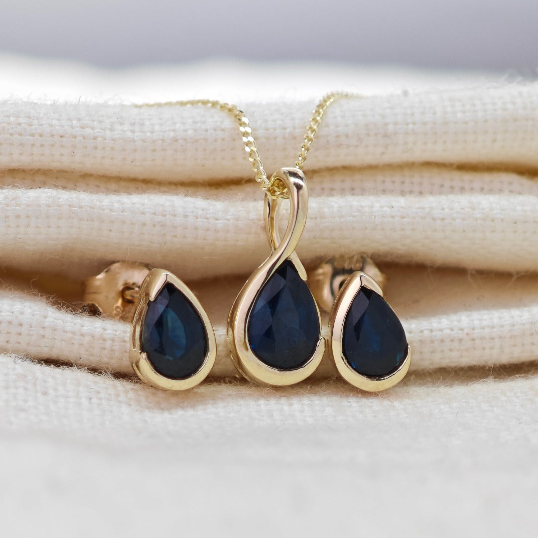 9ct Yellow Gold Blue Sapphire Set Pendant Stud Earrings Infinity Loop Natural Gemstone