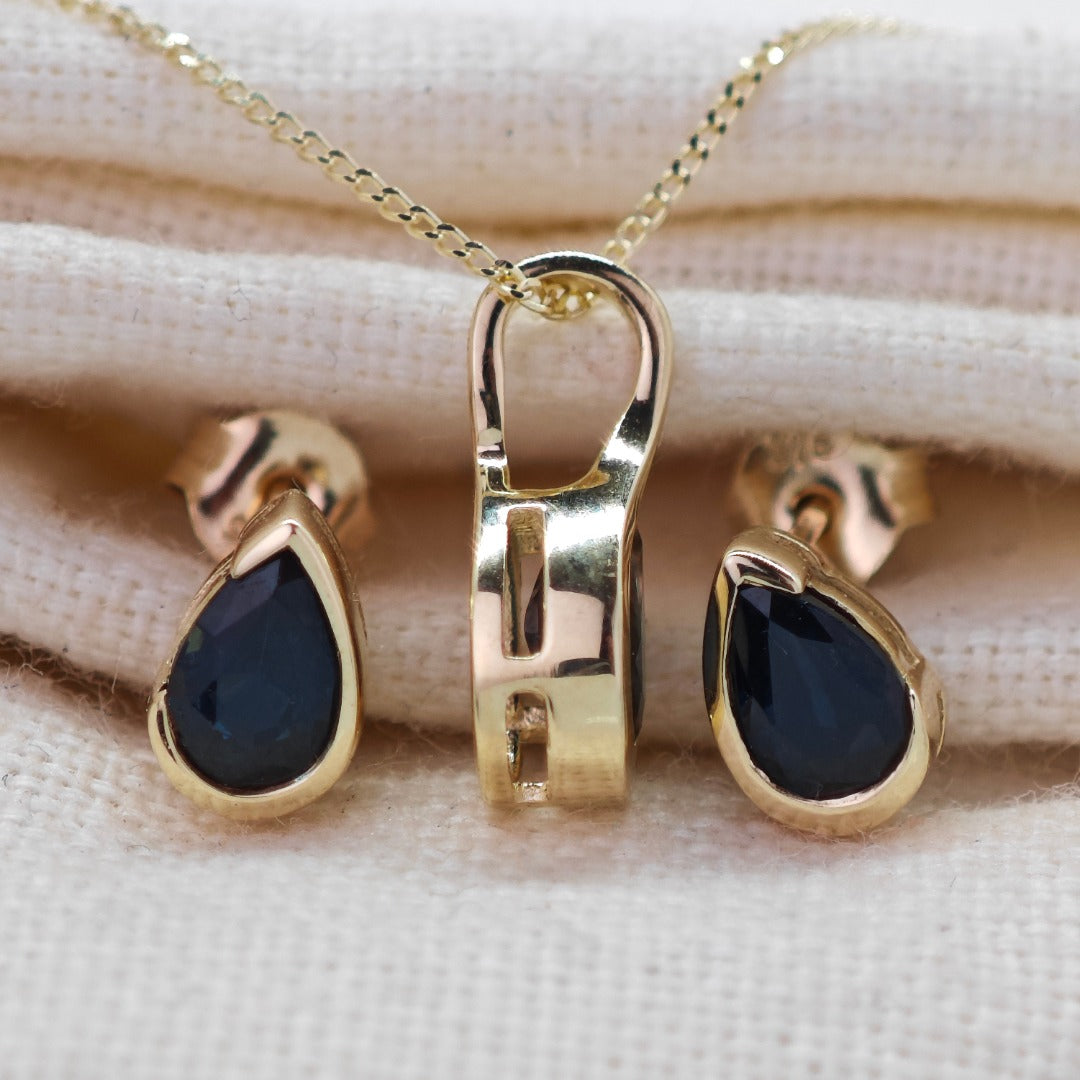 9ct Yellow Gold Blue Sapphire Set Pendant Stud Earrings Infinity Loop Natural Gemstone