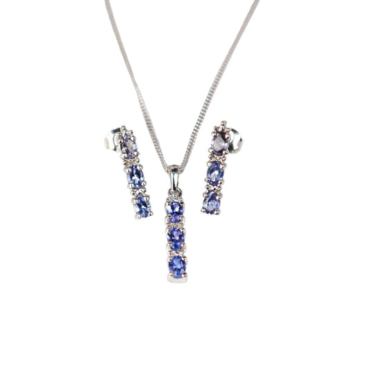 Tanzanite Necklace and stud earrings Set with Diamonds