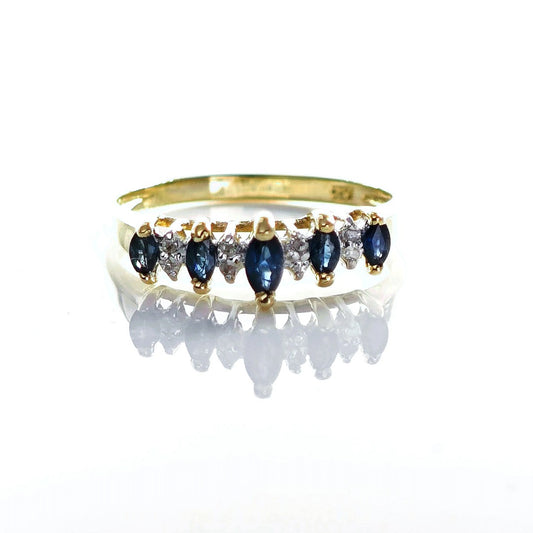 9ct Sapphire Ring Size N Diamond Yellow Gold 0.38ct Blue Marquise Gemstones