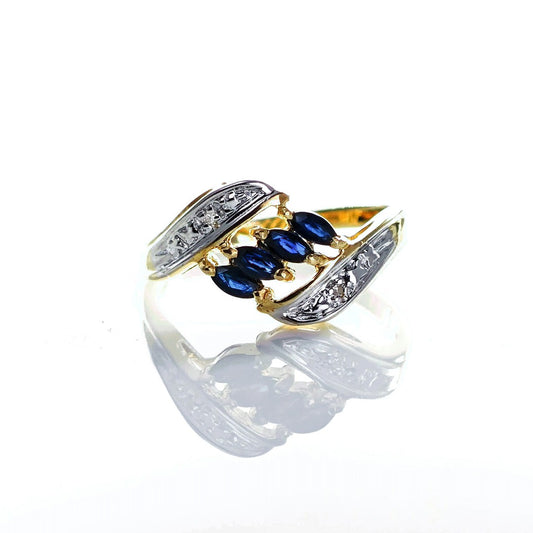 9ct Sapphire Ring Size N Diamond Yellow Gold 0.4ct Blue Marquise Gemstones Hallmarked