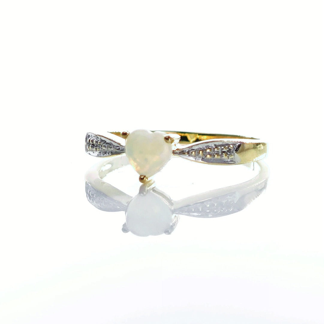 9ct Opal Ring Size M.5 Diamond Yellow Gold 0.26ct Heart White Gemstone