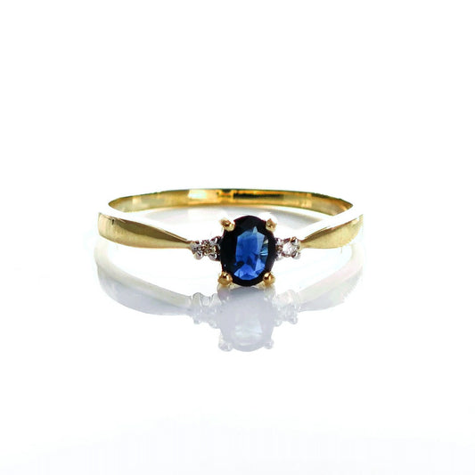 9ct Sapphire Ring Size O Diamond Yellow Gold 0.4ct Blue Oval Gemstone Hallmarked