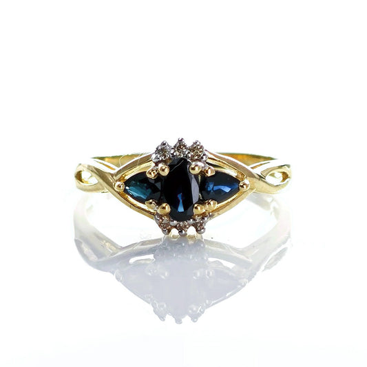 9ct Sapphire Ring Size M.5 Diamond Yellow Gold 0.63ct Blue Gemstones Hallmarked