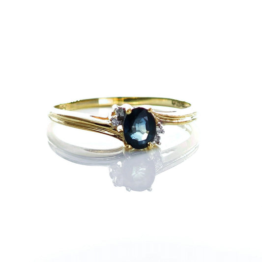 9ct Sapphire Ring Size O Diamond Yellow Gold 0.45ct Blue Oval Gemstone