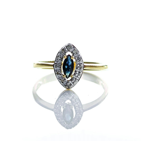 9ct Sapphire Ring Size O.5 Diamond Yellow Gold 0.26ct Blue Marquise Gemstone