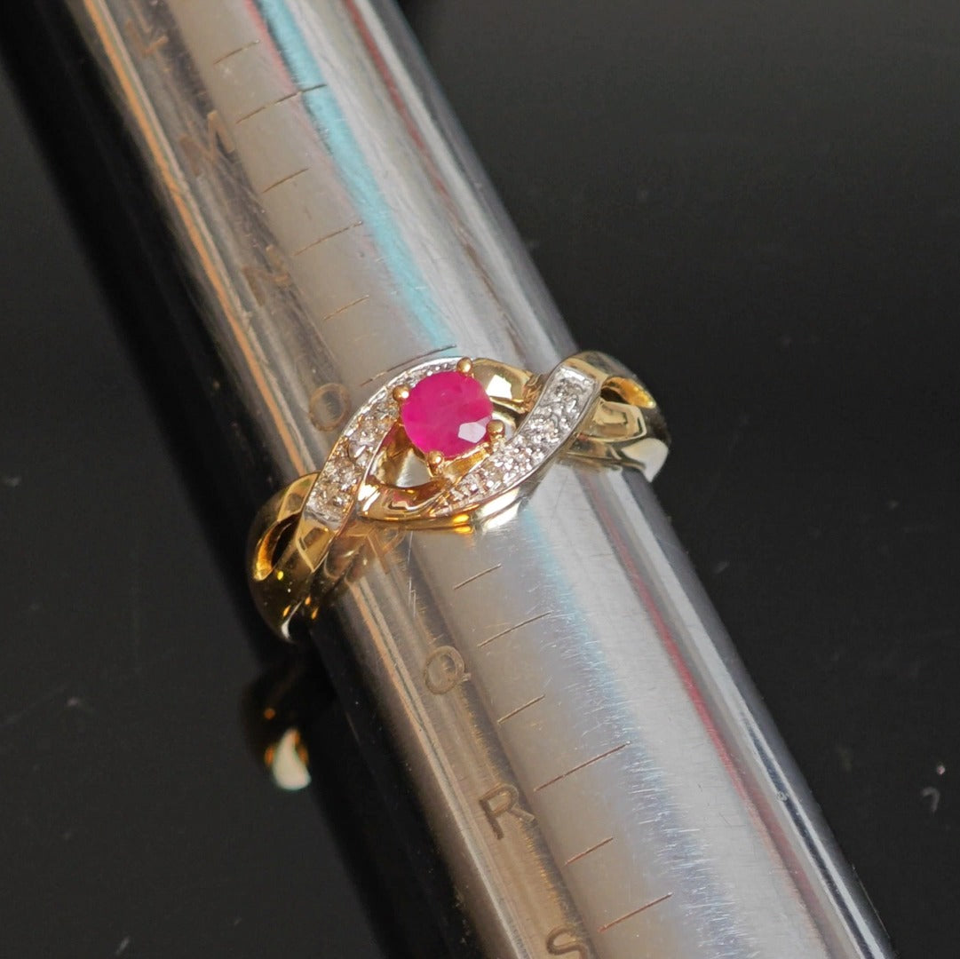 9ct Ruby Ring Size P Diamond Yellow Gold 0.33ct Red Round Treated Gemstone