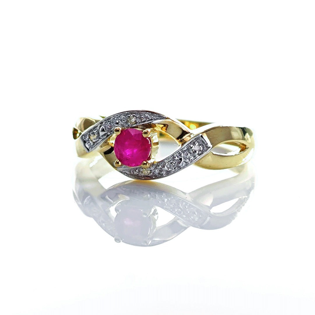 9ct Ruby Ring Size P Diamond Yellow Gold 0.33ct Red Round Treated Gemstone