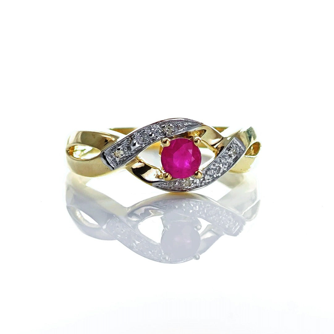 9ct Ruby Ring Size P Diamond Yellow Gold 0.33ct Red Round Treated Gemstone