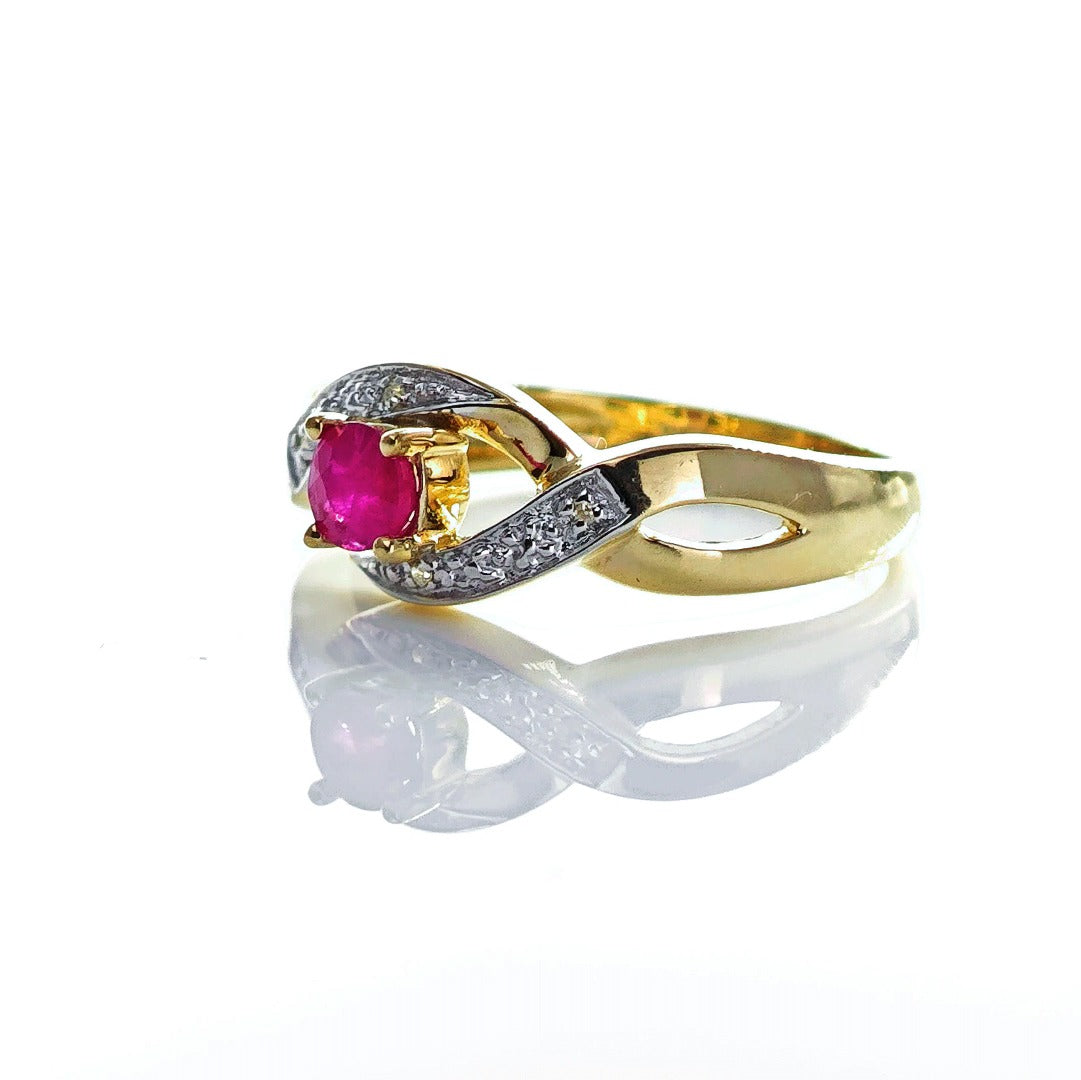 9ct Ruby Ring Size P Diamond Yellow Gold 0.33ct Red Round Treated Gemstone