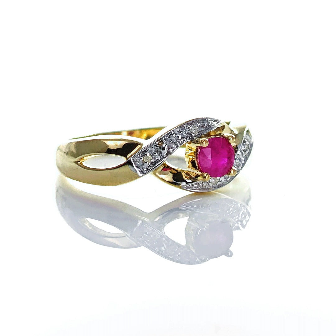 9ct Ruby Ring Size P Diamond Yellow Gold 0.33ct Red Round Treated Gemstone