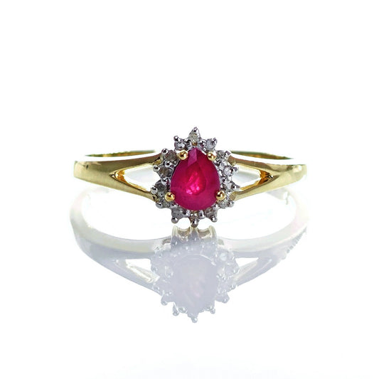 9ct Ruby Ring Size O.5 Diamond Yellow Gold 0.42ct Red Pear Gemstone