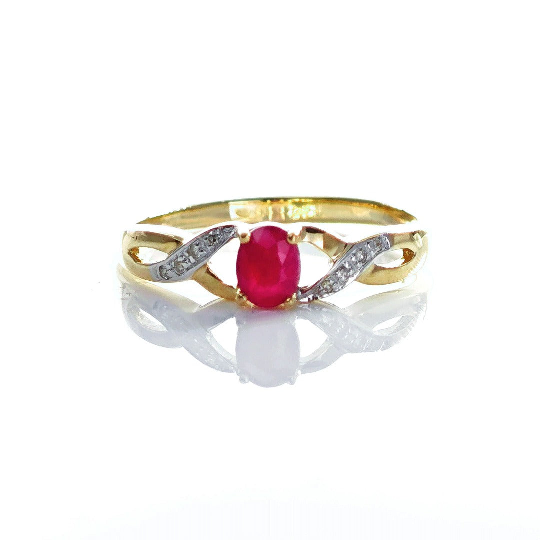 9ct Ruby Ring Size P Diamond Yellow Gold 0.45ct Red Oval Natural Treated Gemstone