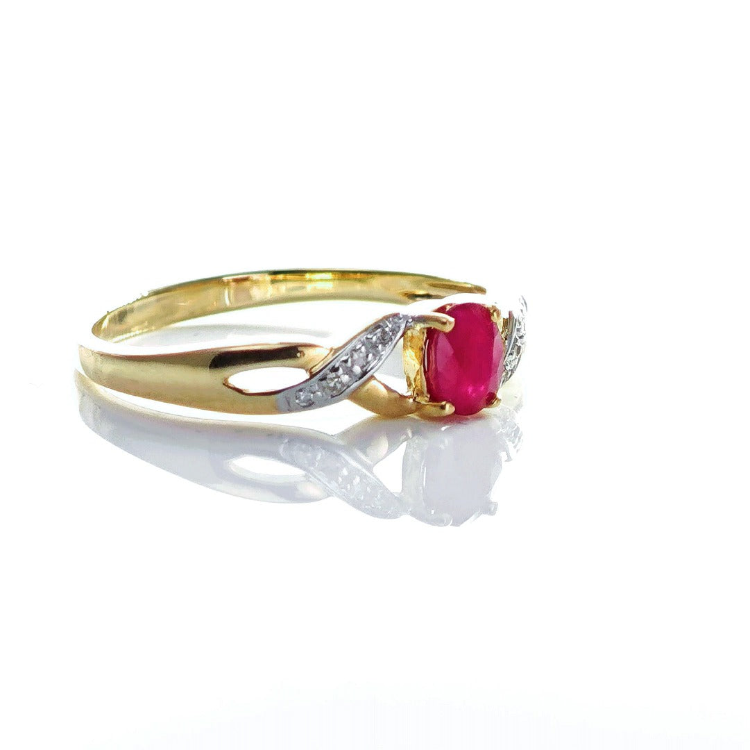 9ct Ruby Ring Size P Diamond Yellow Gold 0.45ct Red Oval Natural Treated Gemstone