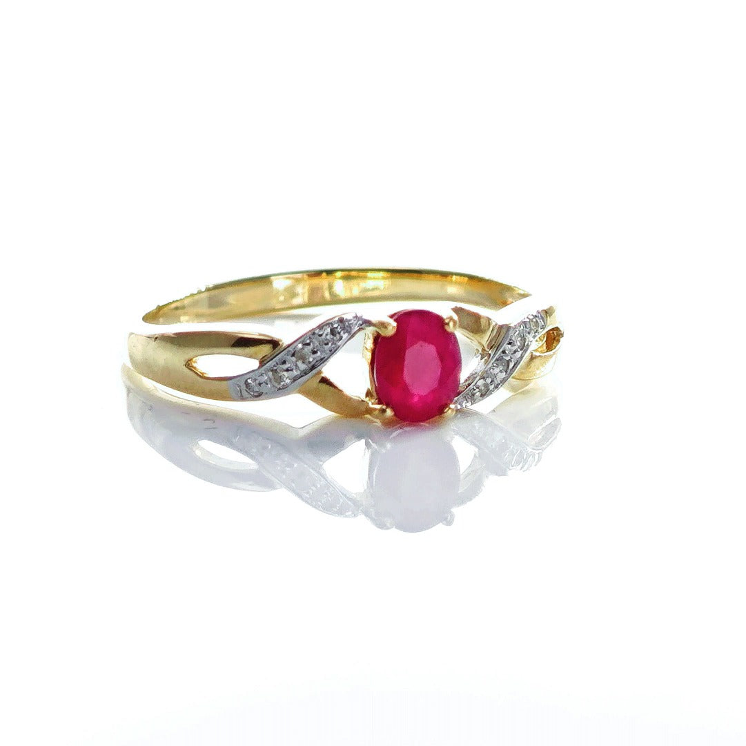 9ct Ruby Ring Size P Diamond Yellow Gold 0.45ct Red Oval Natural Treated Gemstone