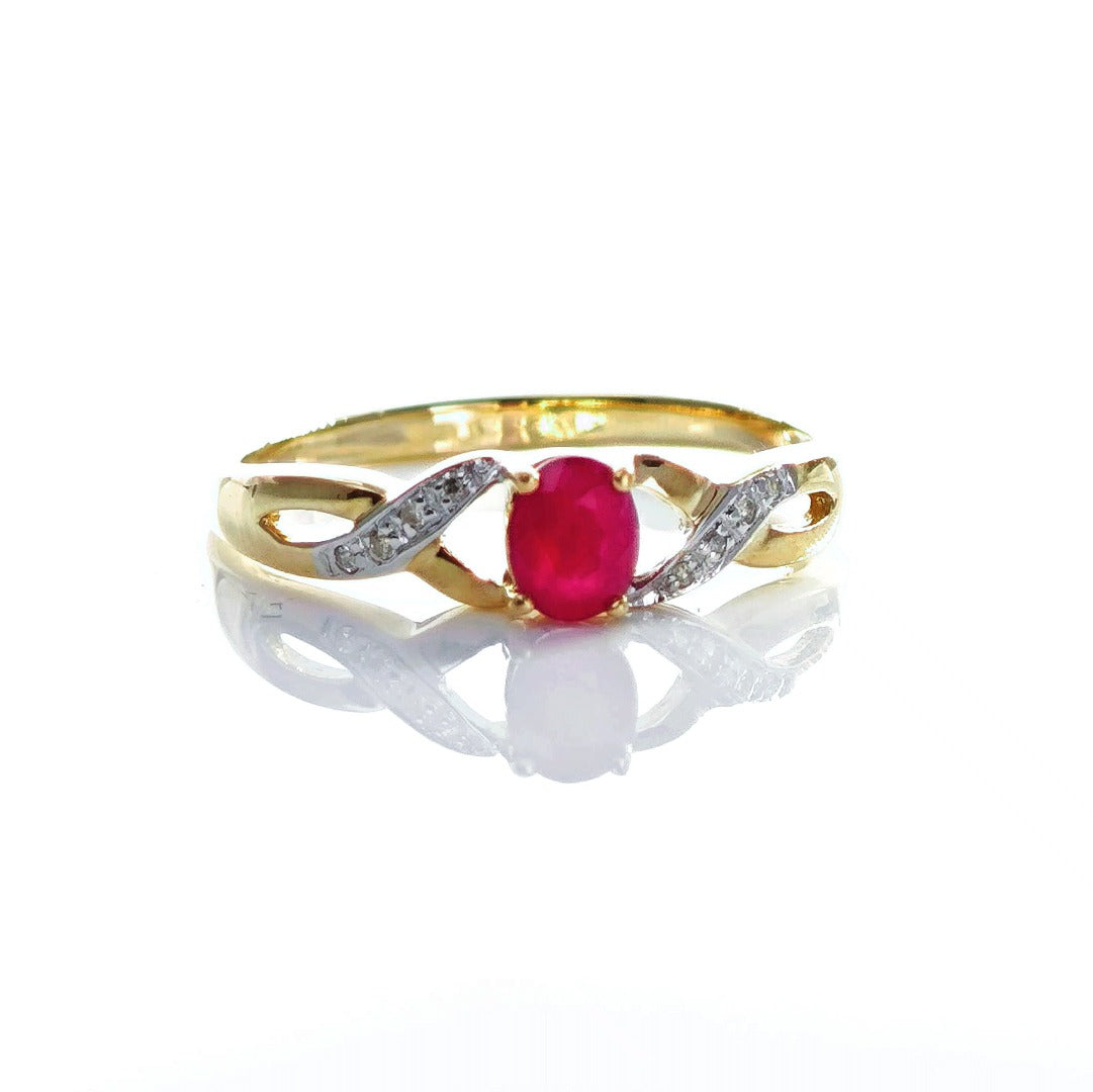 9ct Ruby Ring Size P Diamond Yellow Gold 0.45ct Red Oval Natural Treated Gemstone