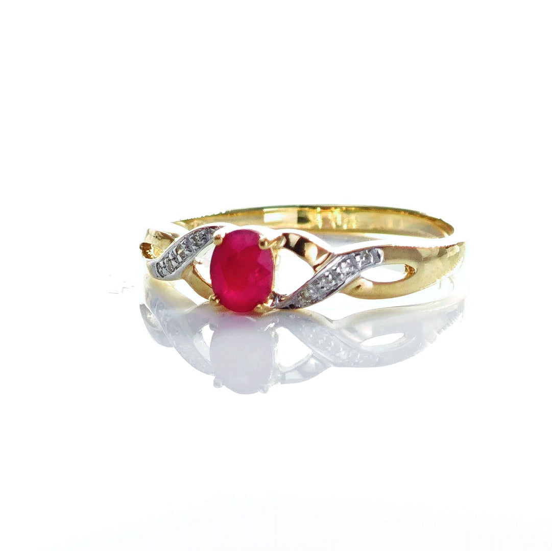 9ct Ruby Ring Size P Diamond Yellow Gold 0.45ct Red Oval Natural Treated Gemstone