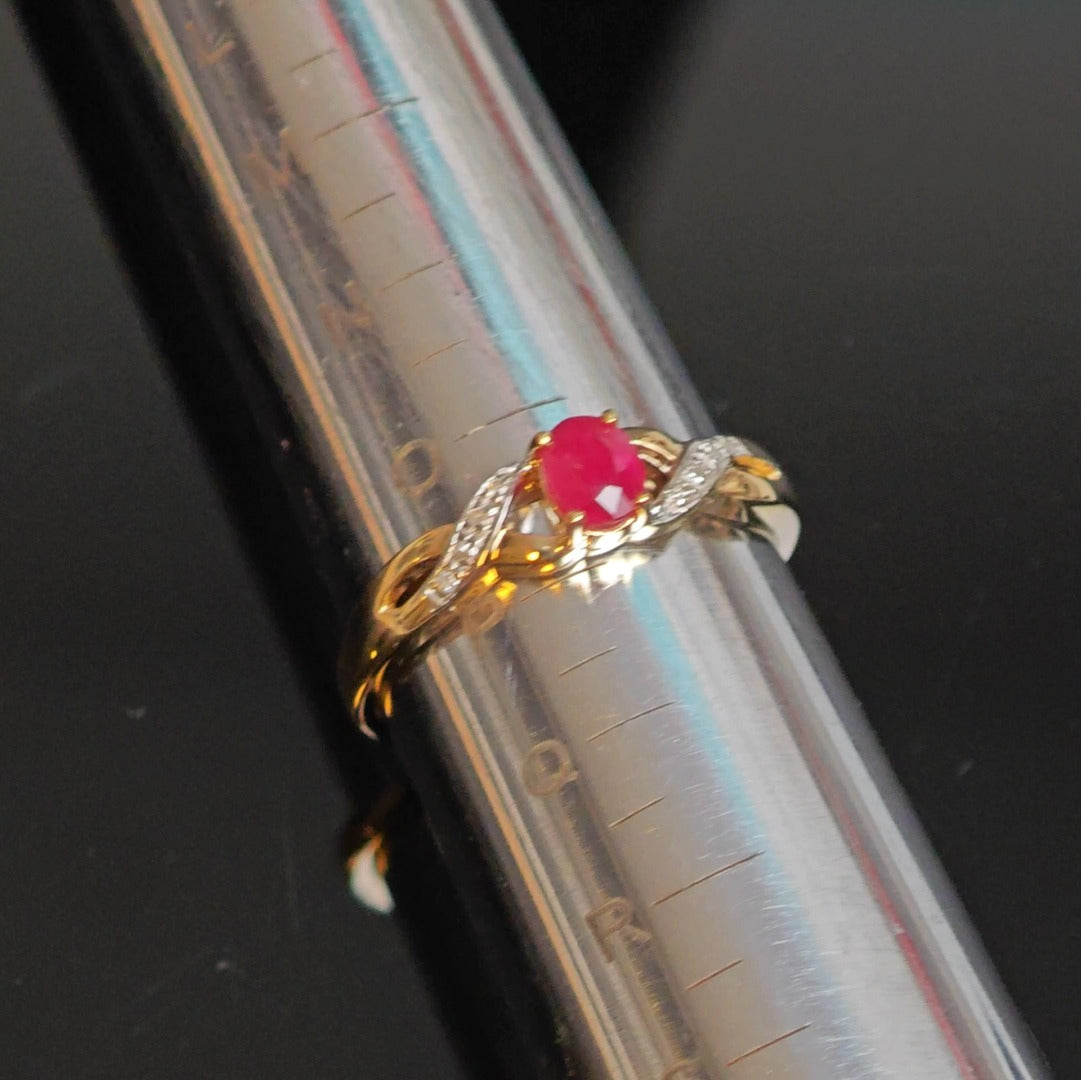 9ct Ruby Ring Size P Diamond Yellow Gold 0.45ct Red Oval Natural Treated Gemstone