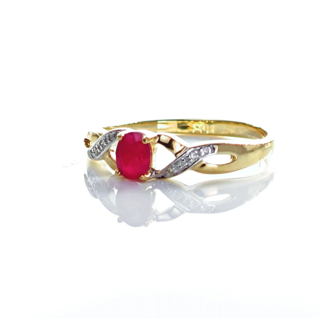 9ct Ruby Ring Size P Diamond Yellow Gold 0.45ct Red Oval Natural Treated Gemstone