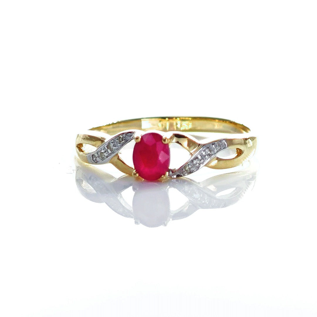 9ct Ruby Ring Size P Diamond Yellow Gold 0.45ct Red Oval Natural Treated Gemstone