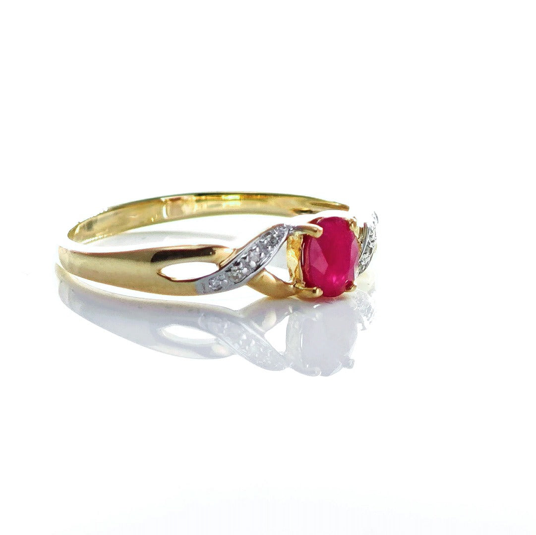 9ct Ruby Ring Size P Diamond Yellow Gold 0.45ct Red Oval Natural Treated Gemstone