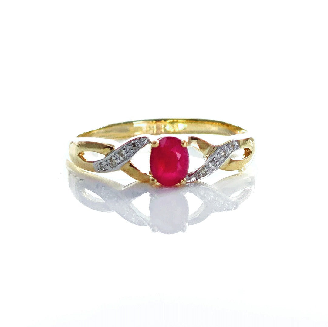 9ct Ruby Ring Size P Diamond Yellow Gold 0.45ct Red Oval Natural Treated Gemstone