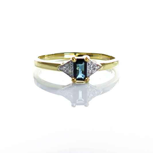 9ct Sapphire Ring Size P Diamond Yellow Gold 0.32ct Blue Square Gemstone