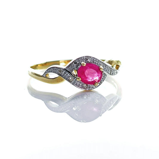 9ct Ruby Ring Size P.5 Diamond Yellow Gold 0.45ct Red Oval Gemstone