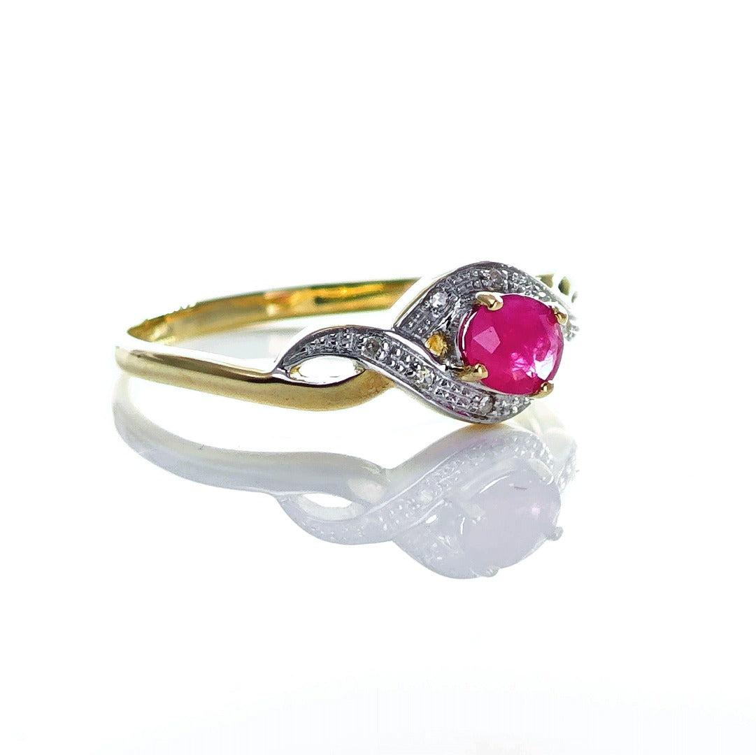 9ct Ruby Ring Size P.5 Diamond Yellow Gold 0.45ct Red Oval Gemstone