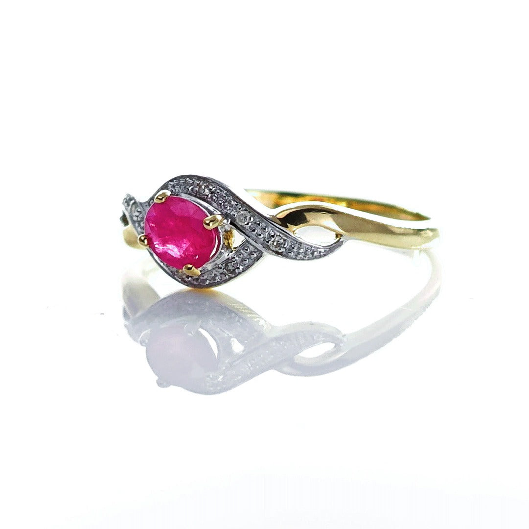 9ct Ruby Ring Size P.5 Diamond Yellow Gold 0.45ct Red Oval Gemstone