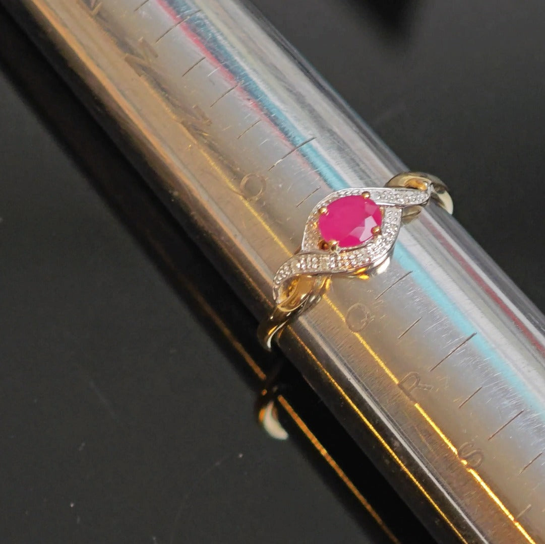 9ct Ruby Ring Size P.5 Diamond Yellow Gold 0.45ct Red Oval Gemstone