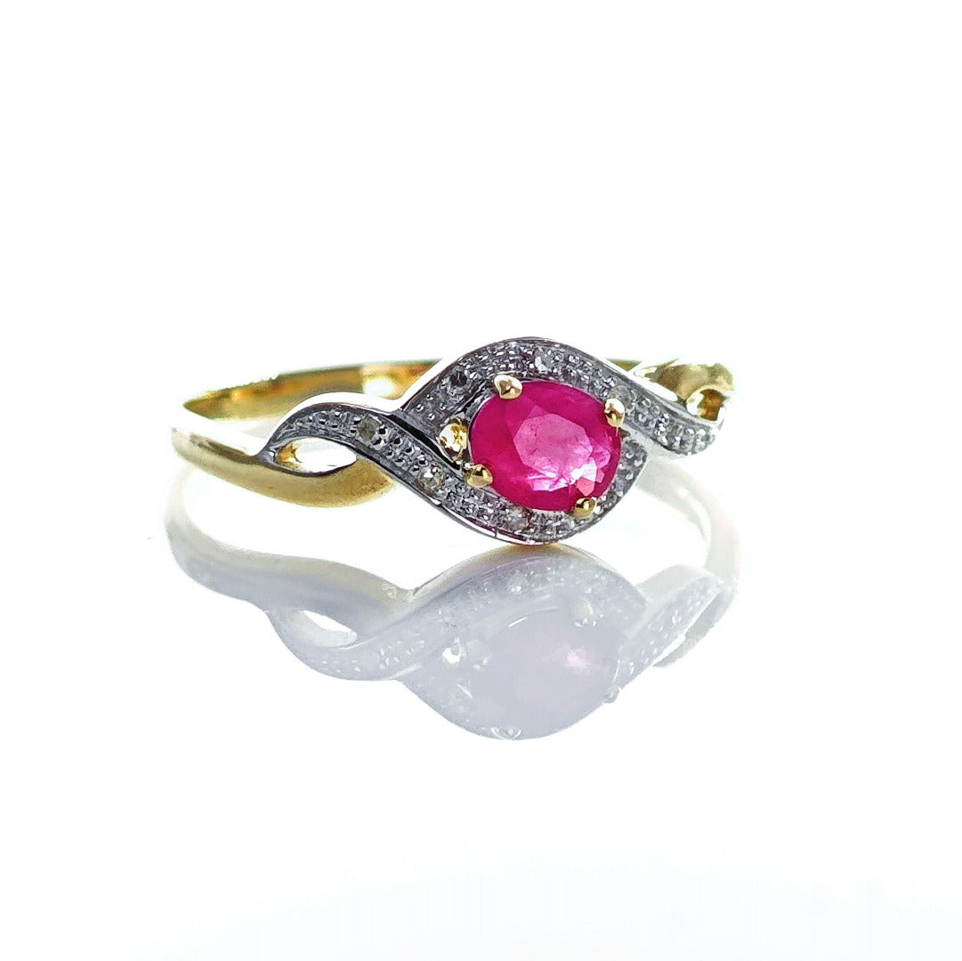 9ct Ruby Ring Size P.5 Diamond Yellow Gold 0.45ct Red Oval Gemstone