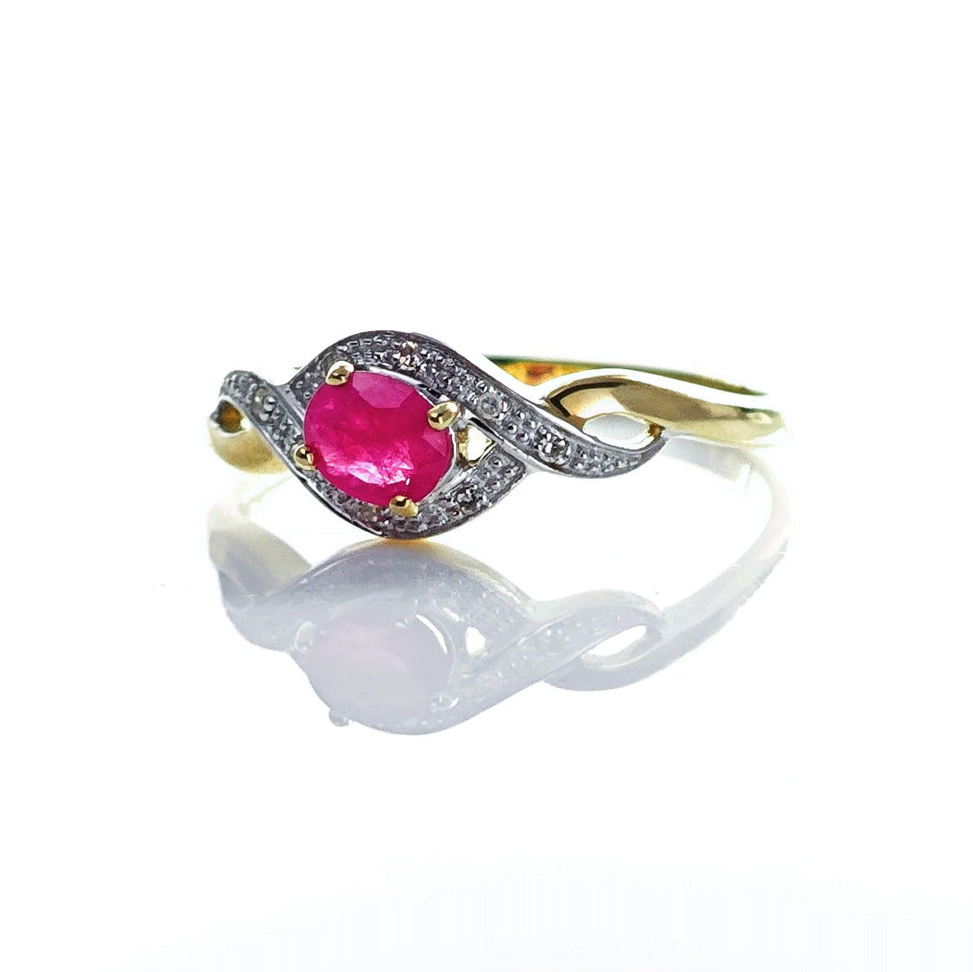 9ct Ruby Ring Size P.5 Diamond Yellow Gold 0.45ct Red Oval Gemstone