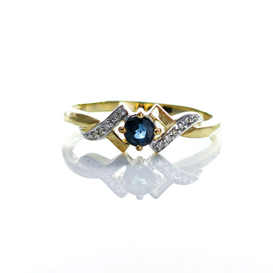 9ct Sapphire Ring Size O.5 Diamond Yellow Gold 0.33ct Blue Round Gemstone