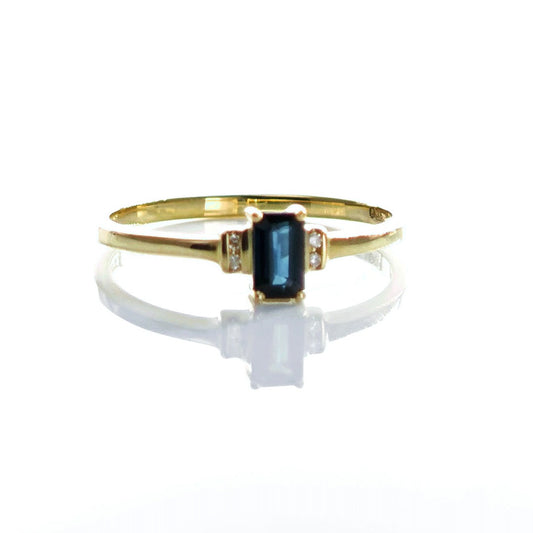 9ct Sapphire Ring Size N Diamond Yellow Gold 0.36ct Blue Emerald Cut Gemstones