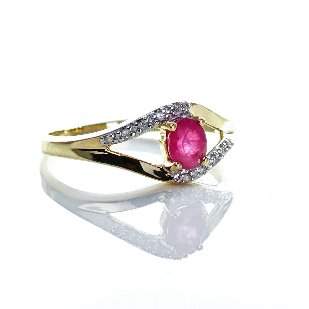 9ct Ruby Ring Size N Diamond Yellow Gold 0.4ct Red Oval Treated Gemstone