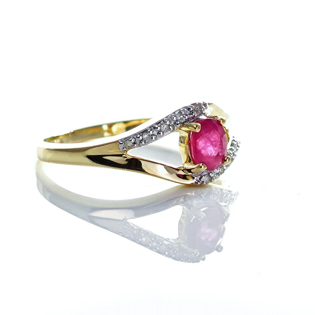 9ct Ruby Ring Size N Diamond Yellow Gold 0.4ct Red Oval Treated Gemstone