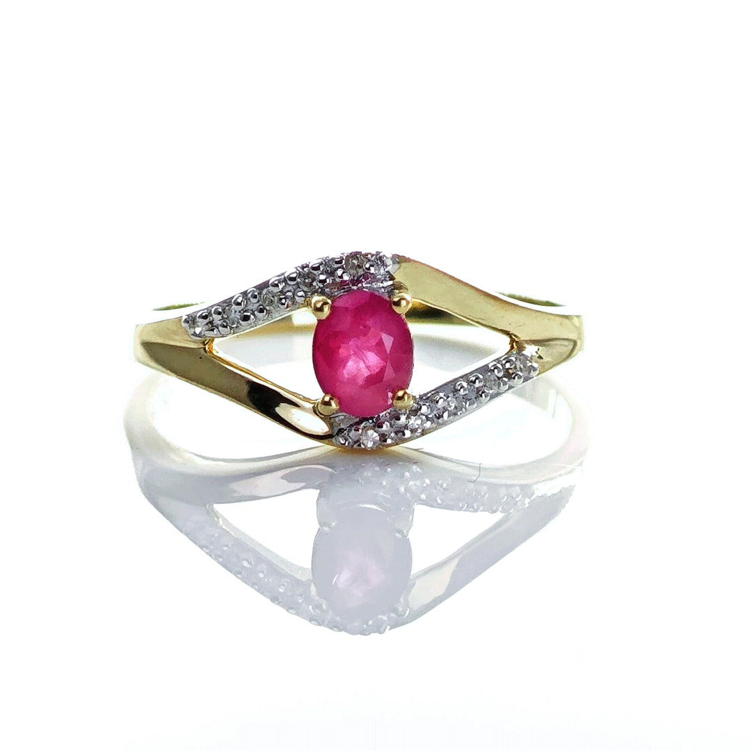 9ct Ruby Ring Size N Diamond Yellow Gold 0.4ct Red Oval Treated Gemstone