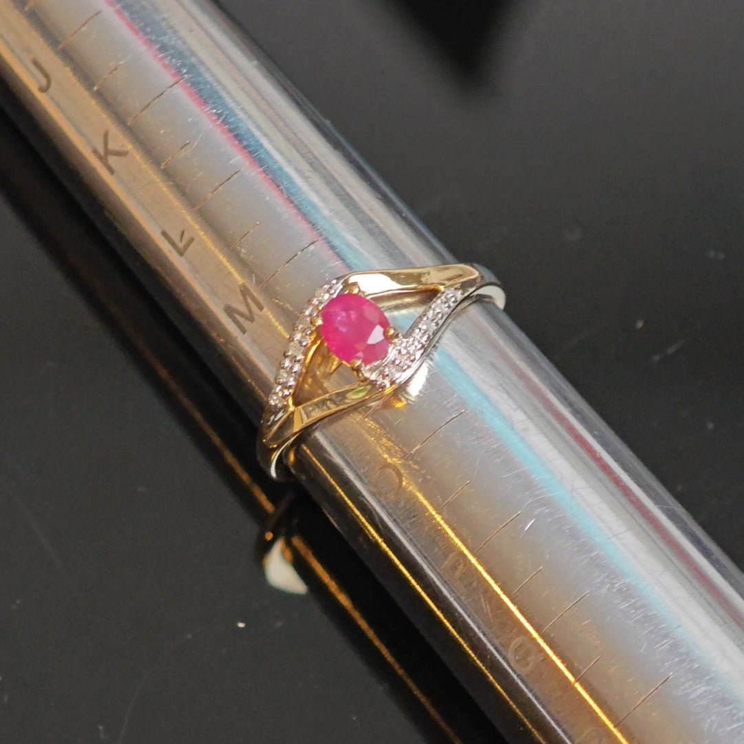 9ct Ruby Ring Size N Diamond Yellow Gold 0.4ct Red Oval Treated Gemstone