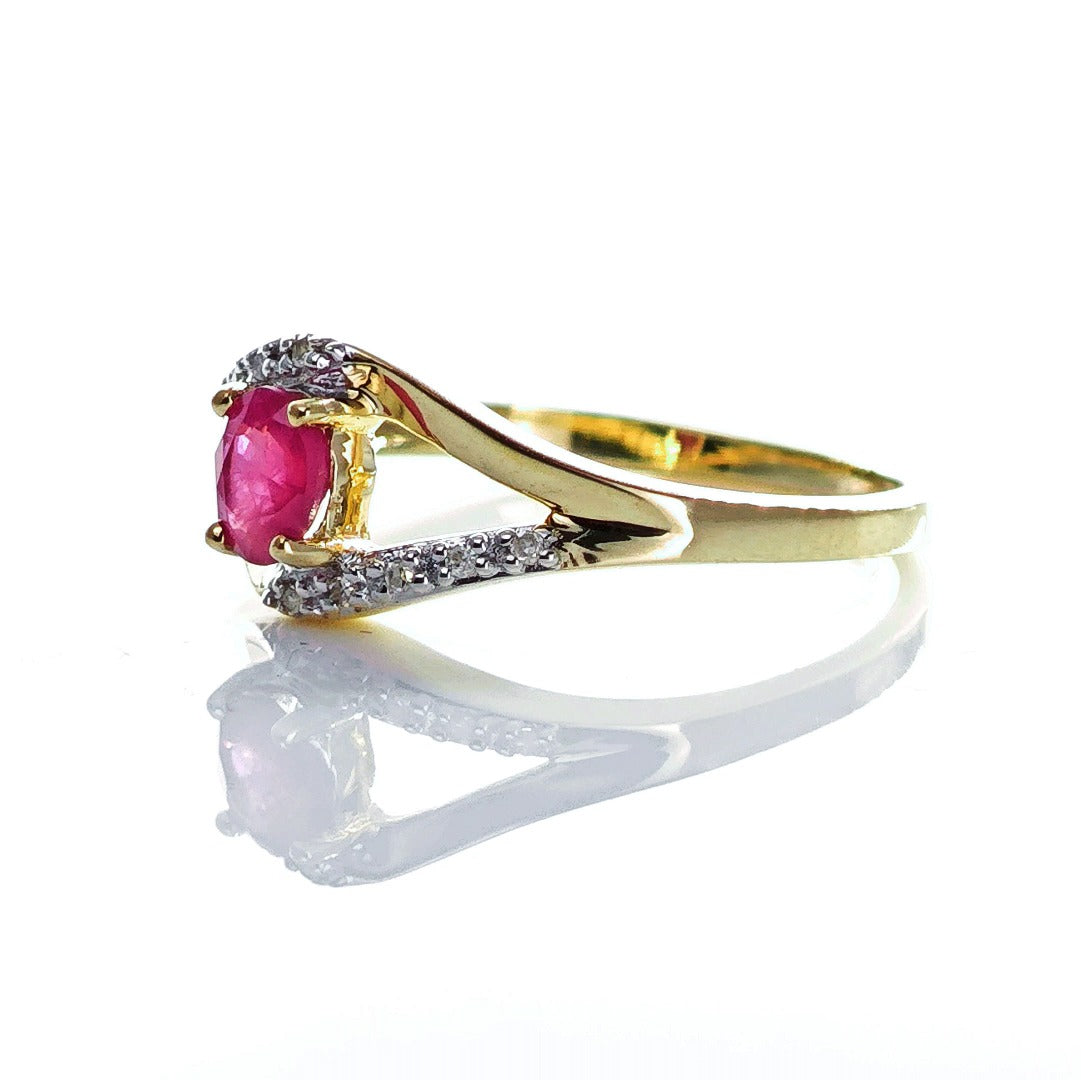 9ct Ruby Ring Size N Diamond Yellow Gold 0.4ct Red Oval Treated Gemstone