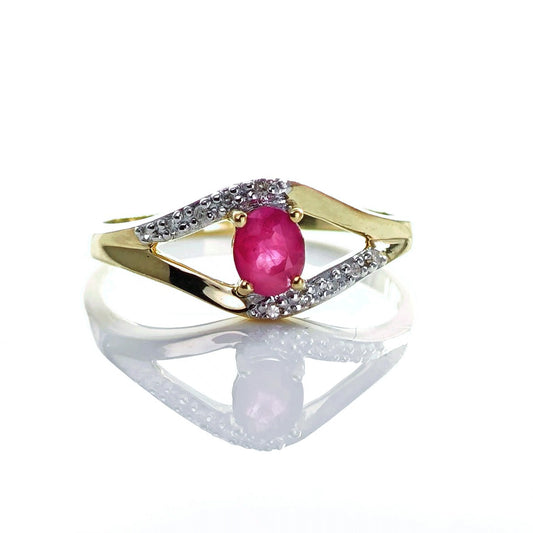 9ct Ruby Ring Size N Diamond Yellow Gold 0.4ct Red Oval Treated Gemstone