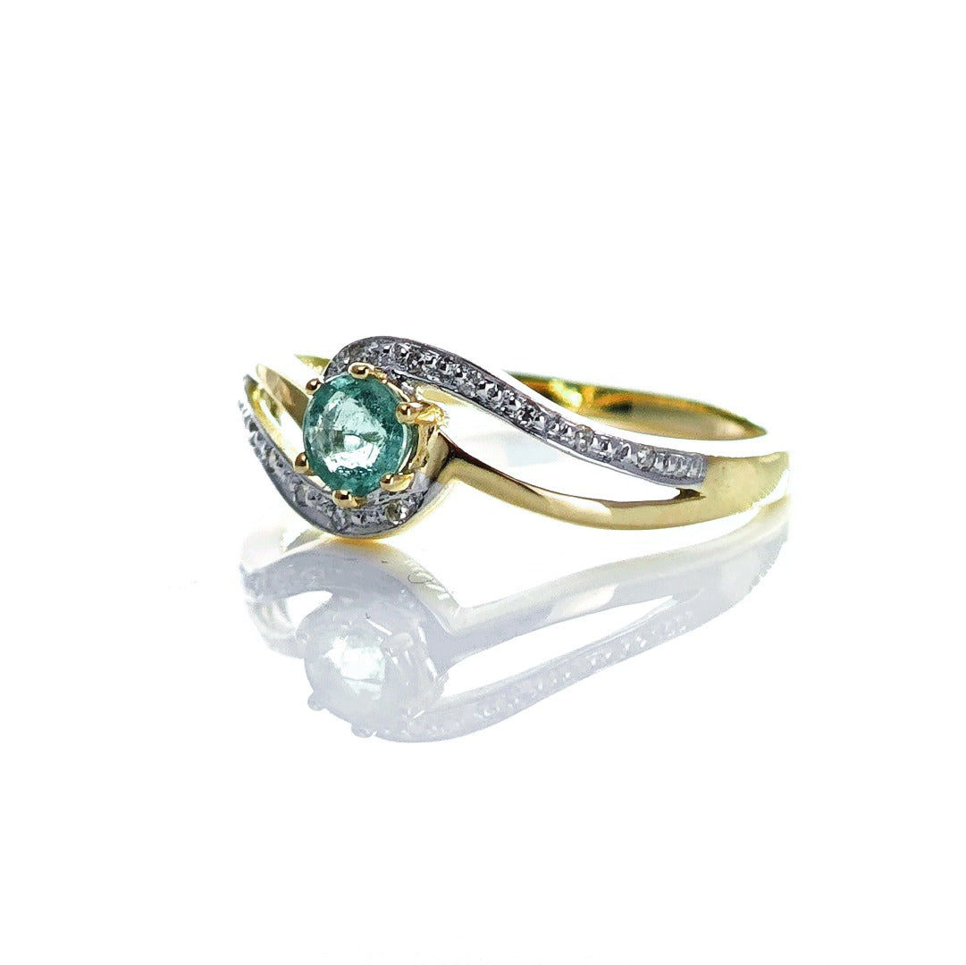 9ct Emerald Ring Size N Diamond Yellow Gold 0.25ct Green Round Gemstone