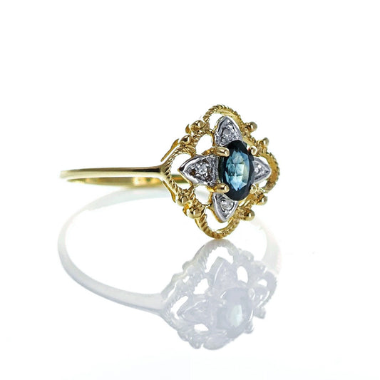 9ct Sapphire Ring Size O.5 Diamond Yellow Gold 0.3ct Blue Oval Gemstone