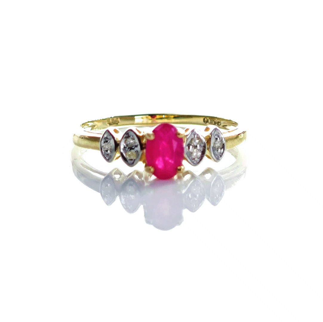 9ct Ruby Ring Size O.5 Diamond Yellow Gold 0.65ct Red Oval Treated Gemstone