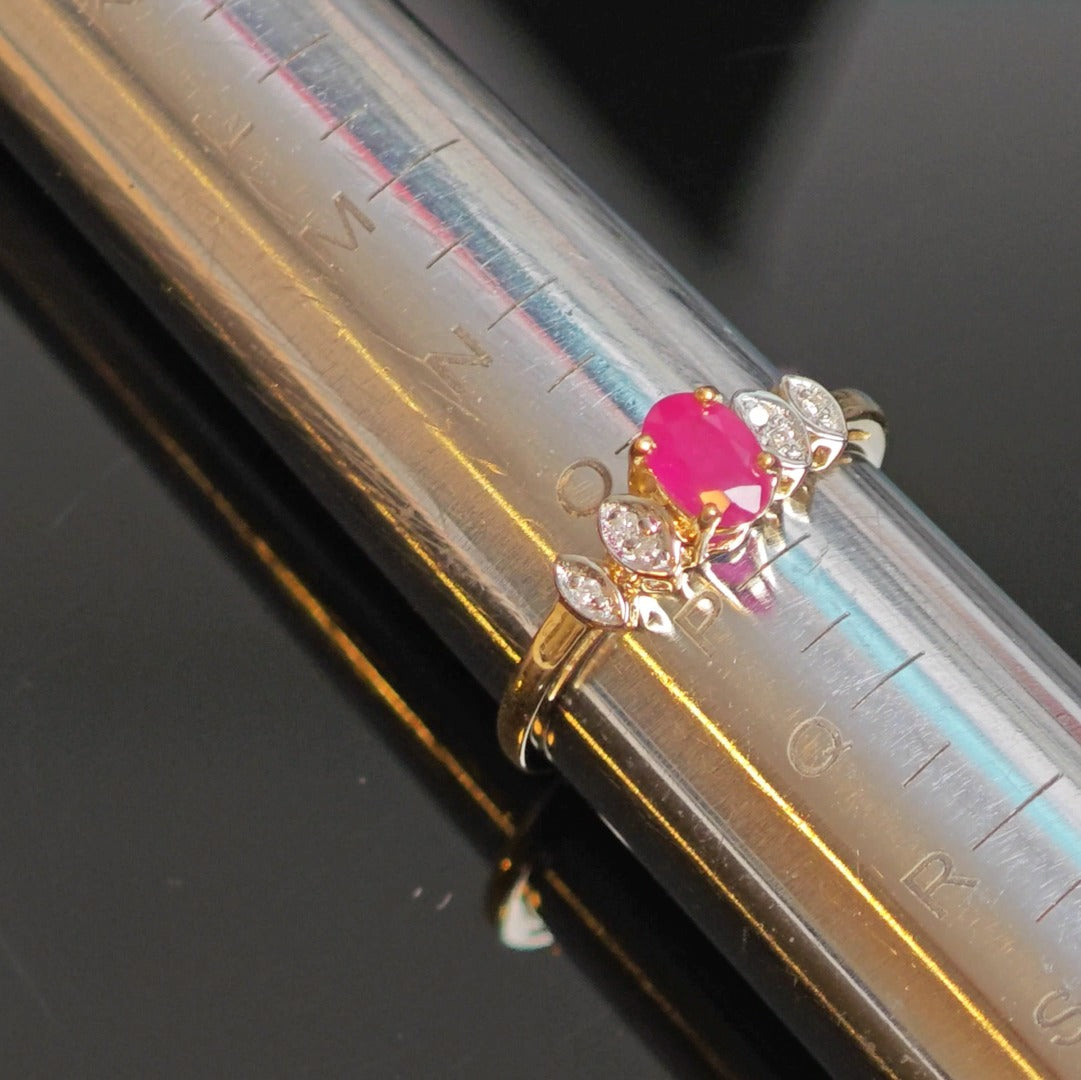 9ct Ruby Ring Size O.5 Diamond Yellow Gold 0.65ct Red Oval Treated Gemstone