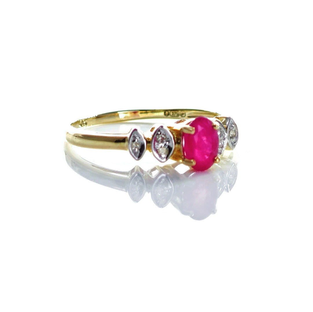 9ct Ruby Ring Size O.5 Diamond Yellow Gold 0.65ct Red Oval Treated Gemstone