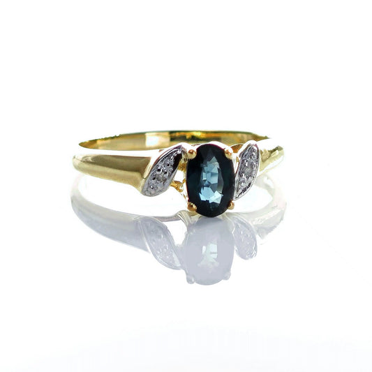 9ct Sapphire Ring Size M.5 Diamond Yellow Gold 0.58ct Blue Oval Gemstone