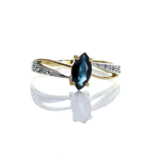 9ct Sapphire Ring Size M.5 Diamond Yellow Gold 0.69ct Blue Marquise Gemstone