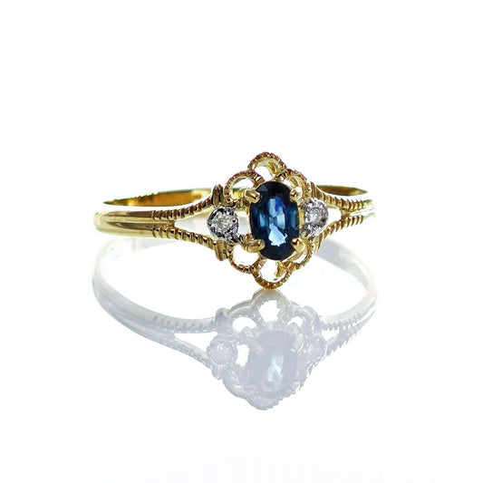 9ct Sapphire Ring Size N Diamond Yellow Gold 0.32ct Blue Oval Gemstone