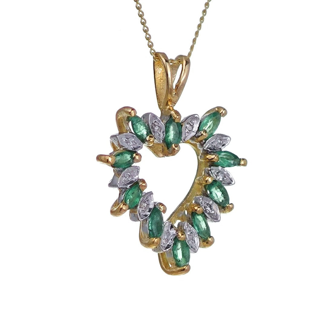 9ct Emerald Diamond Heart Necklace Yellow Gold 0.6ct Green Marquise Natural Gemstone